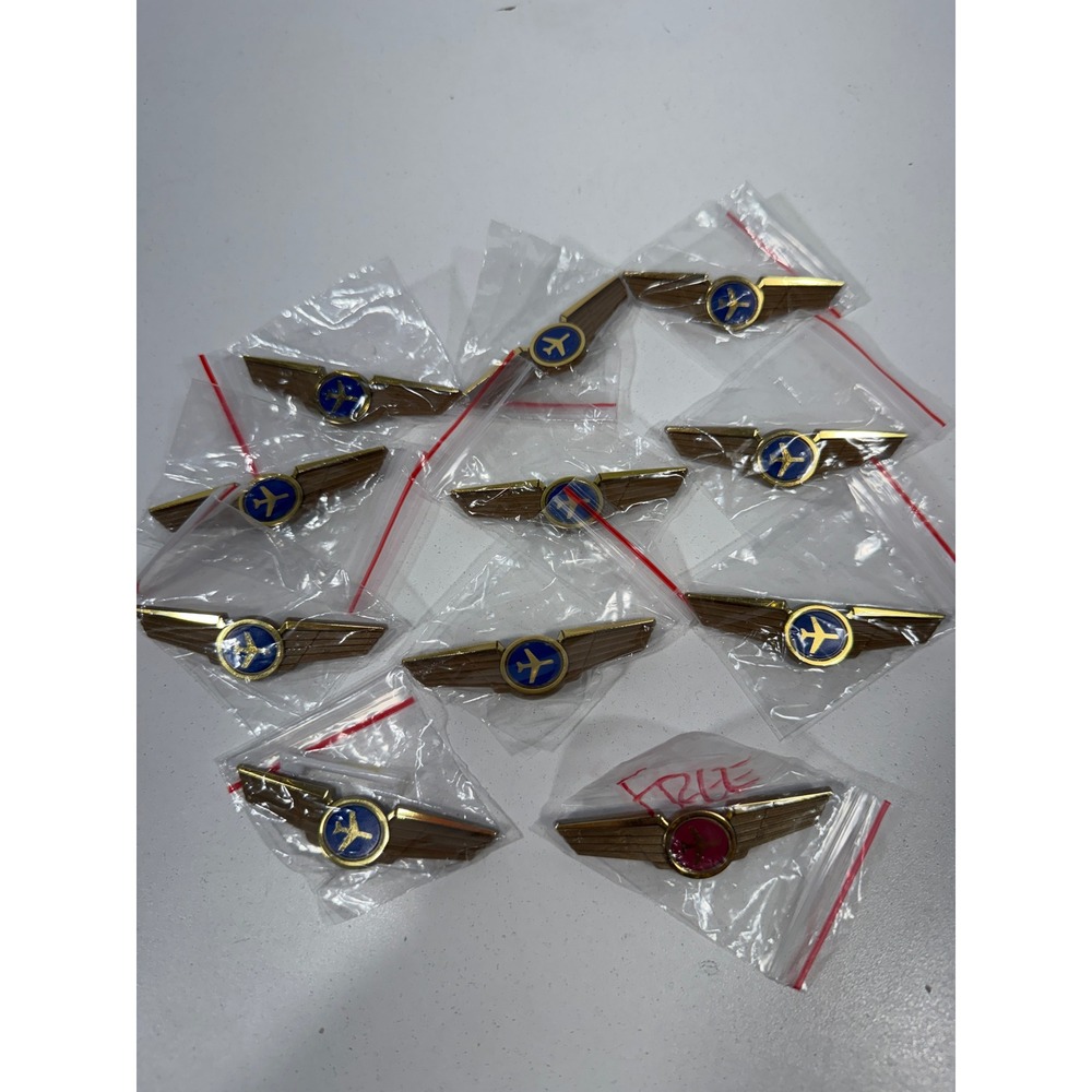 Vintage Style Gold Tone Plastic Pilot Wing Pins Aviation Bulk Lot of 10 Blue Red